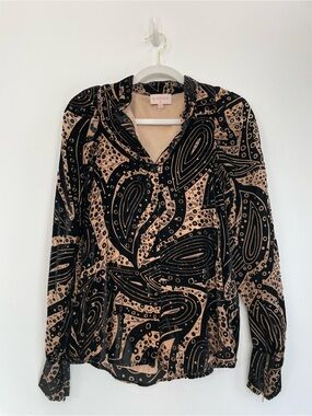 Ciebon Black & Beige Paisley-Print Long Sleeve Blouse with Velvet